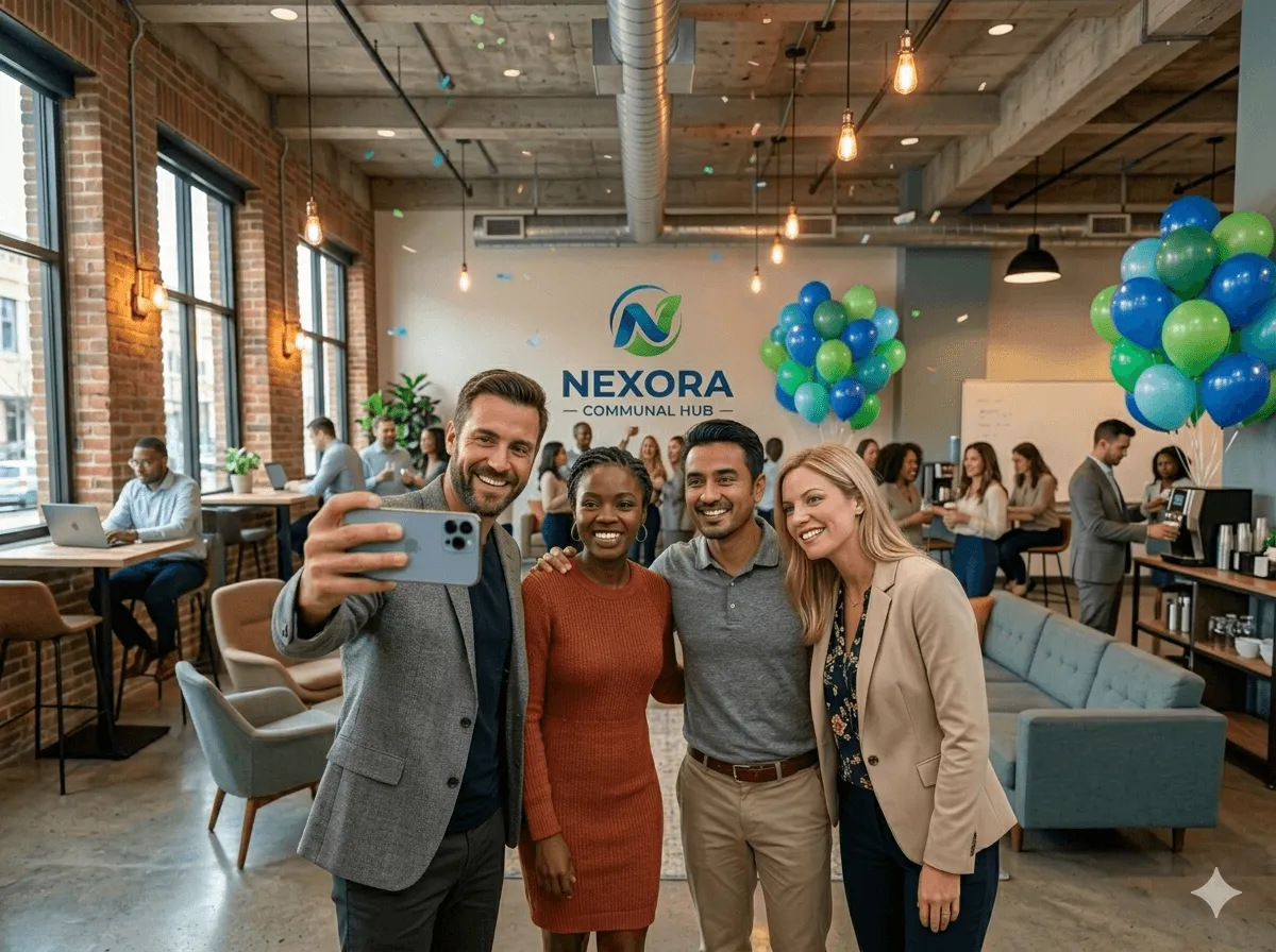 Guests at a Nexora corporate launch party taking a selfie inside the Magneteam QR-code app.